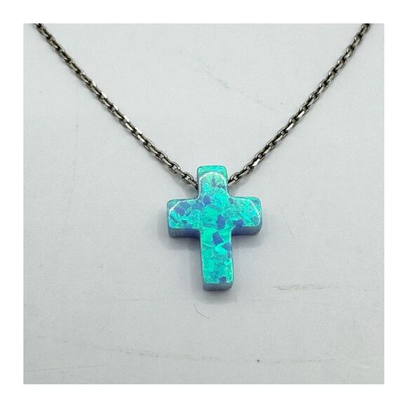 Sterling Silver Double Layer Opal Cross Necklace Bezel Set CZ Crystals Turkey - Picture 4 of 14